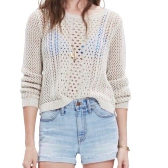 MADEWELL Womens Sweater XXSmall Beige Pullover Knit Crewneck Crop Cotton Ribbed - Picture 2 of 10